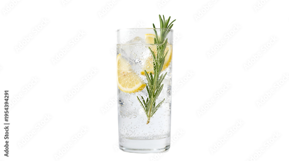 Fototapeta premium Refreshing Gin and Tonic Cocktail with Lemon and Rosemary isolated on transparent background