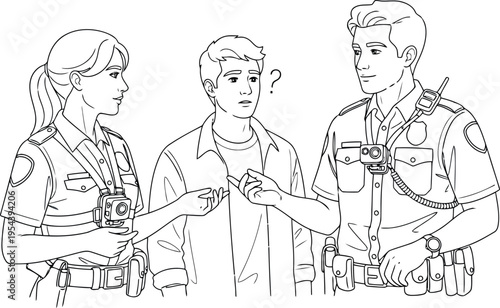 Police officers with body cameras receiving item from confused civilian, law enforcement interaction