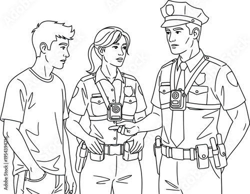 Police officers with body cameras interacting with a civilian in a public community setting