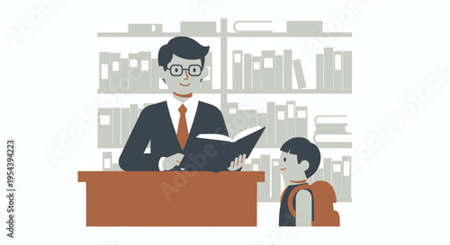 Man in Suit Reading Document to Child.
