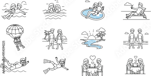 Diverse travel and outdoor sports activities collection, adventure and leisure lifestyle scenes with people