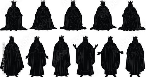 Silhouette illustration of medieval kings wearing crowns and robes, seated on thrones and standing with gestures, symbolizing royal authority, regal attire, and historical representation artwork.