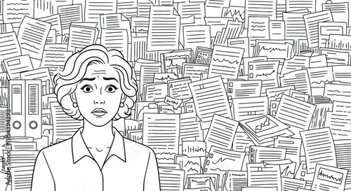 Overwhelmed businesswoman with mountain of paperwork and documents, stressful office environment, deadline pressure