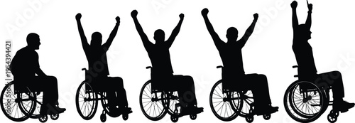 Silhouette sequence of wheelchair user raising arms from passive to triumphant pose, symbolizing empowerment, achievement, positivity, and strength in inclusive disability representation artwork.