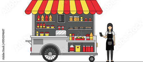 Street food cart with striped canopy offering burgers, fries, sandwiches, cupcakes, beverages, and condiments, mobile vendor setup showcasing compact design, culinary variety, and urban food culture.