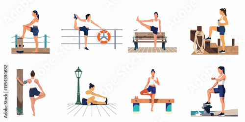 Set of Illustrations of a Woman Stretching and Practicing Yoga in Coastal Outdoor Settings Like a Pier, Boardwalk, and Boat Deck.