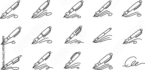 Fountain pen writing icons set with ink strokes calligraphy lines and signature elements vector illustration