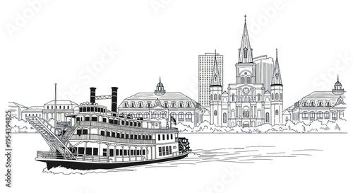 Canvas Print Steamboat and City Skyline - Black and White Sketch