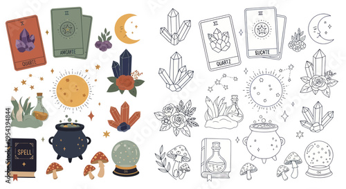 Witchcraft and Magic Elements Collection: Crystals, Tarot, Potions, Moon, Sun
