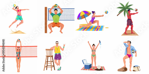 Set of flat vector illustrations depicting people playing beach volleyball, officiating, and enjoying summer sports activities under the sun.