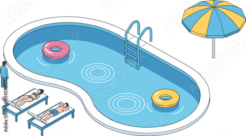 Stylized illustration of swimming pool with floating rings, lounge chairs, umbrella, and people relaxing poolside, symbolizing summer leisure, vacation, recreation, and creative artwork projects