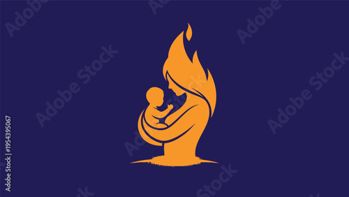 Mother Holding Baby in Flame Silhouette.