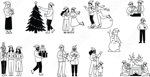 Joyful christmas celebration silhouettes of people enjoying winter holidays and festivities