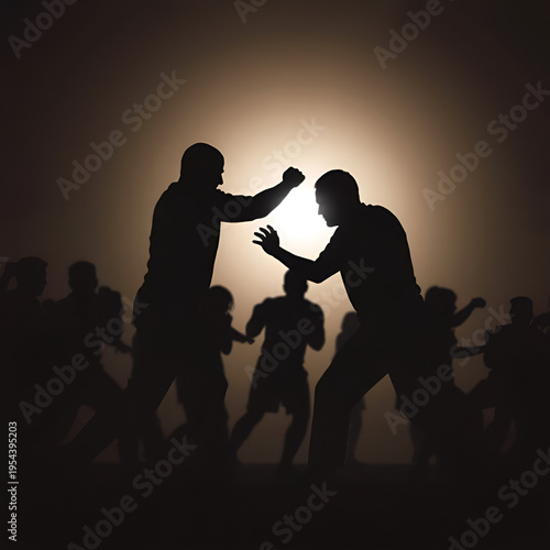 A Transparent Silhouette of Individuals Engaged in a Vigorous Physical Confrontation An Artistic Representation of a Fight Scene Illustrating the Intensity and Dynamics of Human Interaction