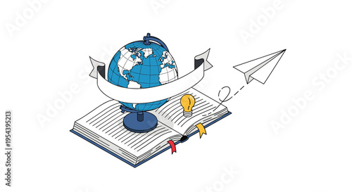 Global education and creative learning concept with world globe placed on open book next to lightbulb and flying paper airplane.