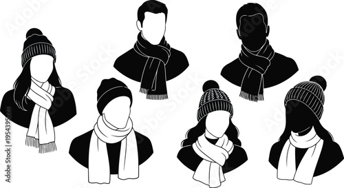 Diverse group of people wearing warm winter hats and scarves for cold weather protection