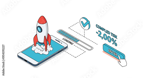 Successful mobile application launch concept featuring rocket taking off from smartphone screen with completed task progress bar.