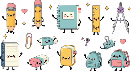 Cute Kawaii School Supplies Vector Set with Smiling Pencils, Notebooks, Erasers, Rulers, Backpacks, and Stationery for Kids' Art, Education, and Classroom Designs