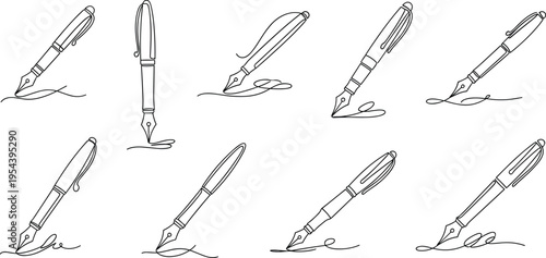 Fountain pen writing strokes set with signature lines and ink pen sketch icons vector illustration