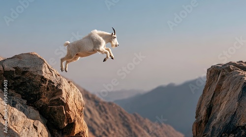 White mountain goat leaping between rugged rocky cliffs high in the arid mountain landscape under a clear sky
