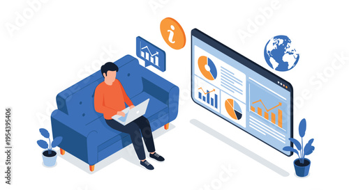 Remote work and business data tracking concept featuring man sitting on sofa using laptop with large financial analytics dashboard display.