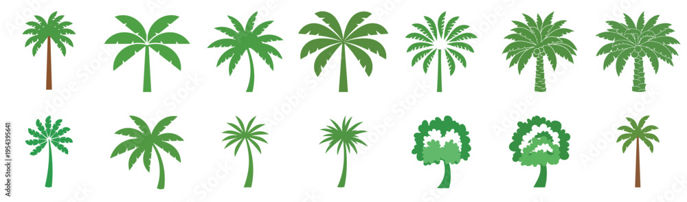 Obraz premium Palm Tree Tropical Icon Set – Summer Beach Plants, Island Nature and Vacation Vector Collection