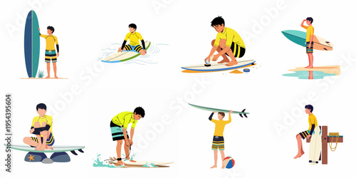 Flat vector illustration set depicting a young boy in a yellow rash guard participating in various surfing activities on a beach setting.