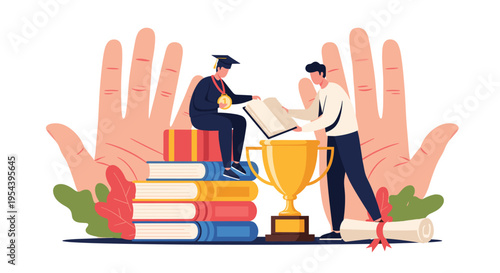 Education success and graduation achievement concept showing student on stack of books receiving academic reward near a trophy.