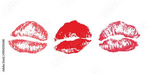 Set of lipstick kiss print Different shapes and colors imprint of lips Red pink female sexy lips makeup Design elements for beauty fashion poster Valentines Day wedding