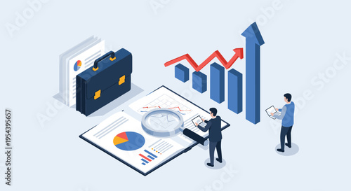 Financial auditing and business growth analysis concept with professional team examining corporate reports using a magnifying glass.