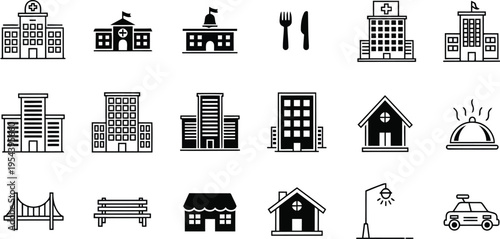 Diverse collection of city infrastructure, residential, and commercial building icons
