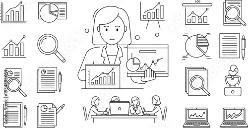 Woman analyzing financial data with various business reports and graph icons
