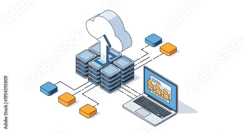 Network infrastructure and cloud data center showing server stacks connected to remote hosting services and laptop file access.