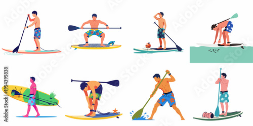Flat vector illustrations of a man practicing stand-up paddleboarding in various poses, including paddling, carrying the board, looking at marine life, and resting.
