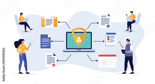 Collaborative secure workspace concept showing diverse team of professionals working on protected data and documents on laptop.