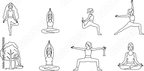 Outline drawings of people performing various yoga postures with black and white