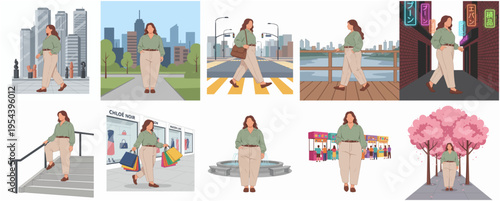 Flat Illustration Woman Walking in Different Urban and Nature Locations Set