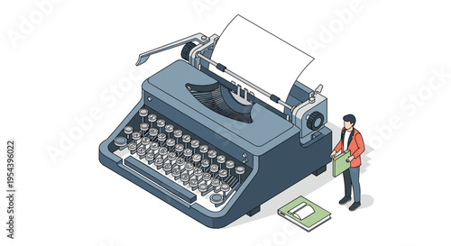 Content creation and creative writing concept featuring vintage typewriter with author standing next to it holding a green book.