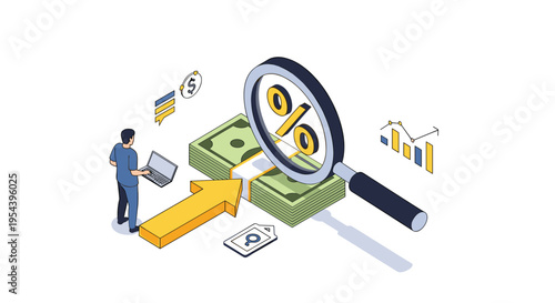 Financial interest rates and investment analysis showing man with laptop examining stacks of money through a large magnifying glass.