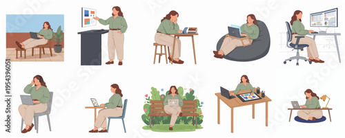Diverse Flat Illustration of Woman Working at Home in Various Scenes