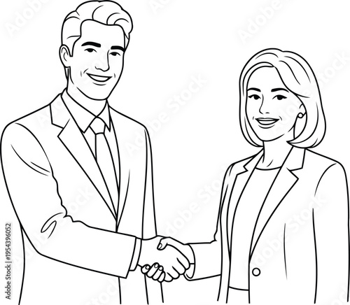 Man and woman in suits shaking hands, celebrating a business deal, black and white
