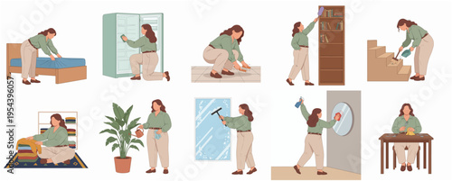 Simple Flat Illustration Showing Different House Cleaning and Tidying Up Activity