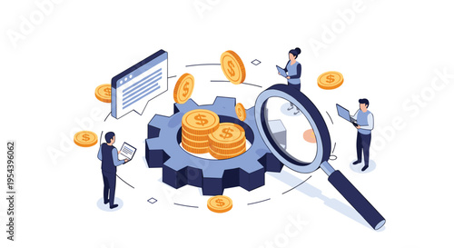 Economic growth and profit analysis concept featuring professional team monitoring money flow and coin stacks on a large gear.