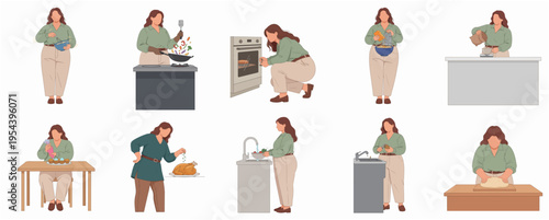Flat Woman in Kitchen Cooking Various Meal Preparation Activities Illustration Set