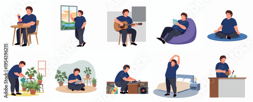 Flat Illustration Man Enjoying Leisure Activities Inside House Lifestyle Character