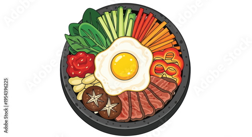 Korean Bibimbap with Fried Egg, Beef, Vegetables, and Mushrooms in Stone Bowl