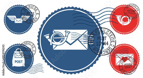 Postal Service Icons: Mail, Postbox, Envelope, Stamp, Postman Symbols
