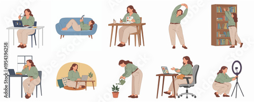 Minimalist Flat Illustration of Woman Working and Relaxing at Home