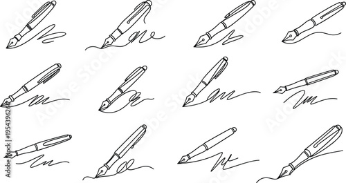 Fountain pen writing strokes set with signature scribbles and calligraphy lines outline vector illustration