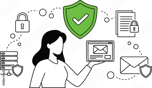 Data security and privacy concept with woman protecting digital information and email